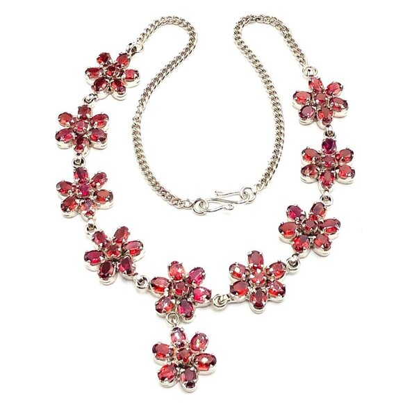Womens Necklace Red Garnet  Sterling Silver Statement Flower Design Estate - Picture 1 of 4